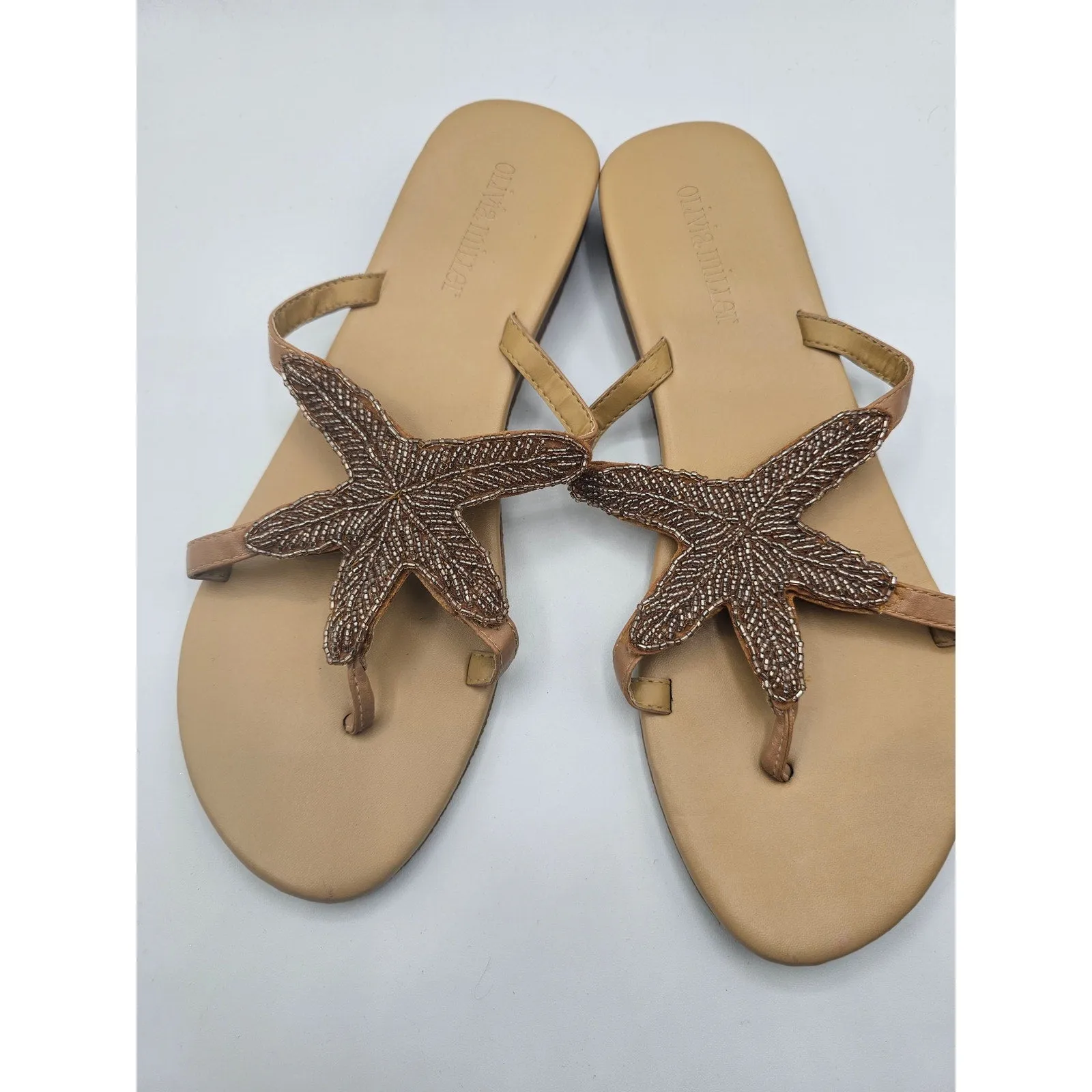 Olivia Miller Womens Sz 9 Slip On Sandals Gold Beaded Starfish Beachy