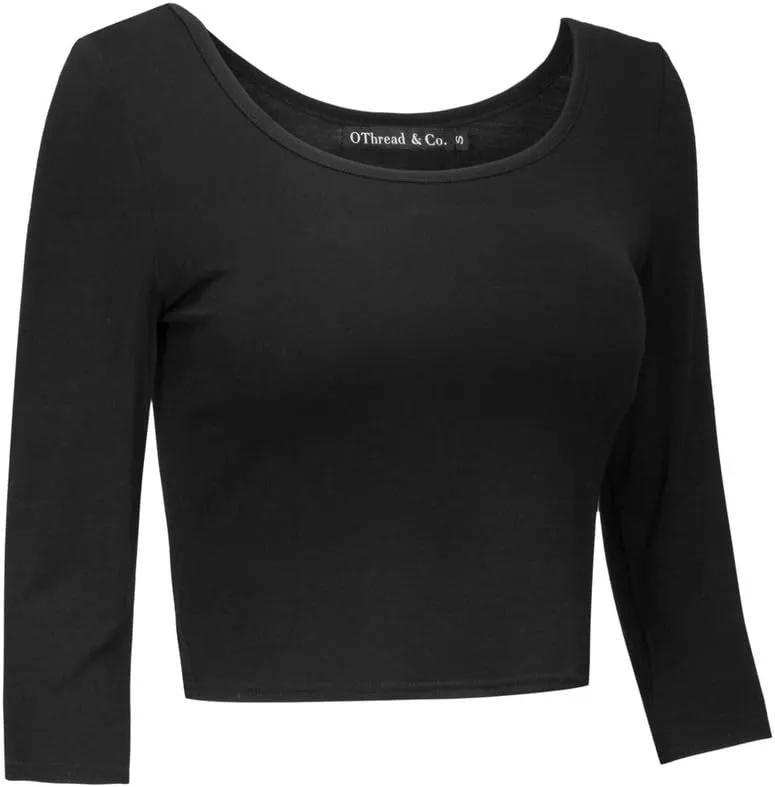 OThread & Co. Women's Crop Tops Basic Stretchy Scoop Neck 3/4 Sleeve T-Shirt