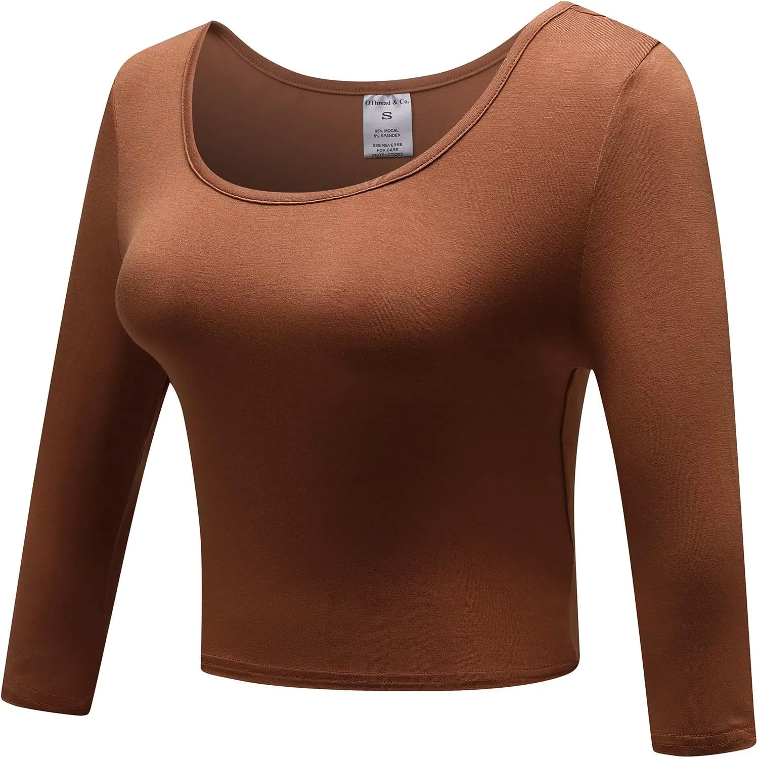 OThread & Co. Women's Crop Tops Basic Stretchy Scoop Neck 3/4 Sleeve T-Shirt