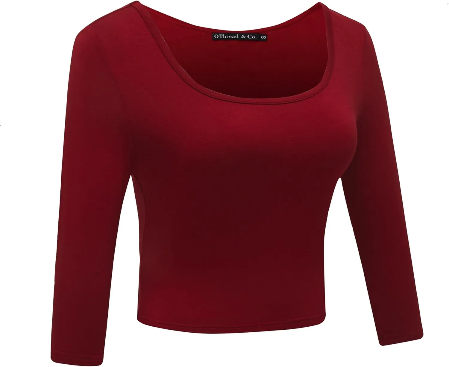 OThread & Co. Women's Crop Tops Basic Stretchy Scoop Neck 3/4 Sleeve T-Shirt