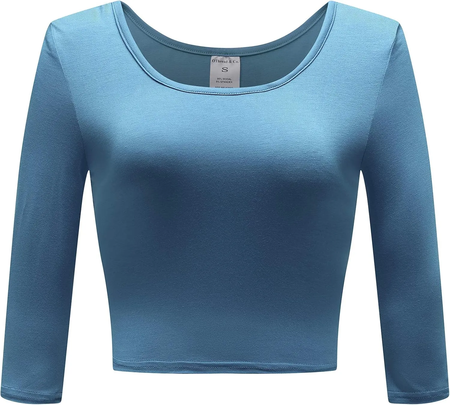 OThread & Co. Women's Crop Tops Basic Stretchy Scoop Neck 3/4 Sleeve T-Shirt