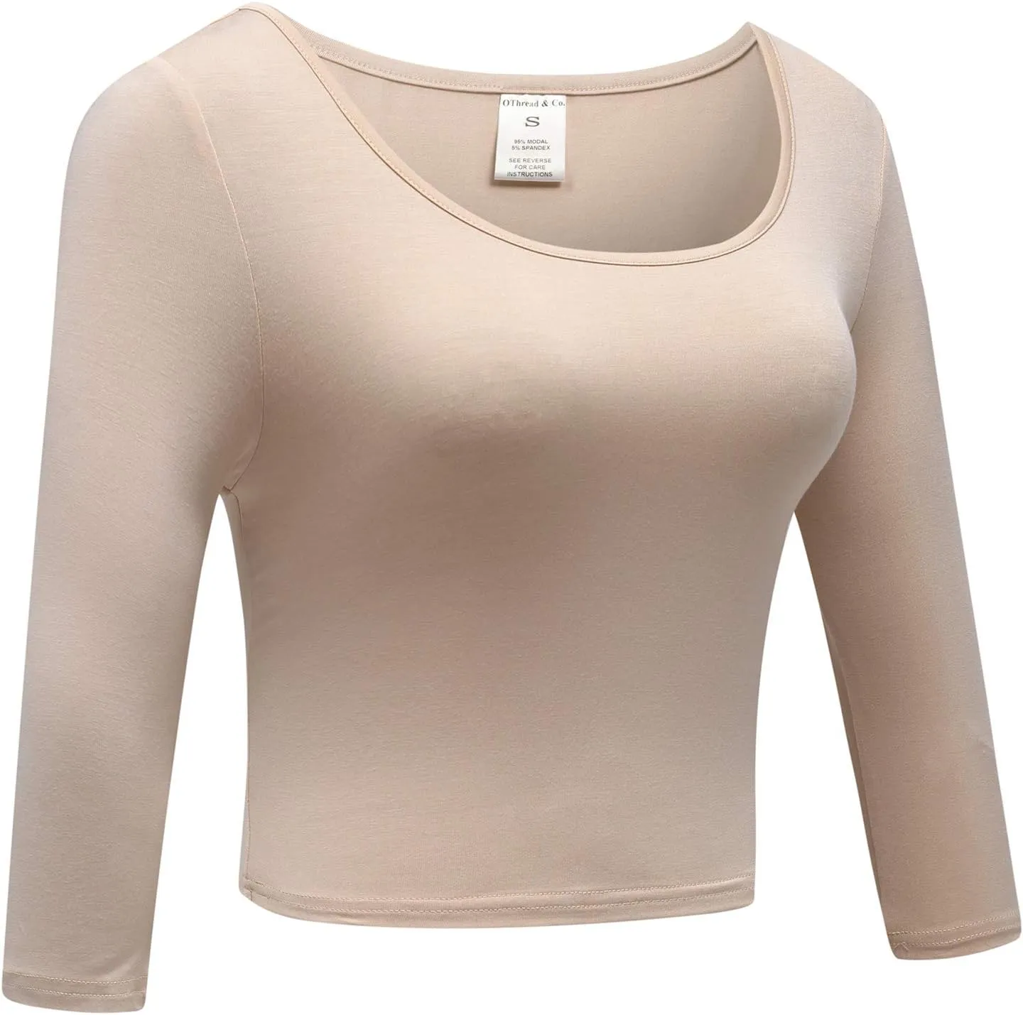OThread & Co. Women's Crop Tops Basic Stretchy Scoop Neck 3/4 Sleeve T-Shirt
