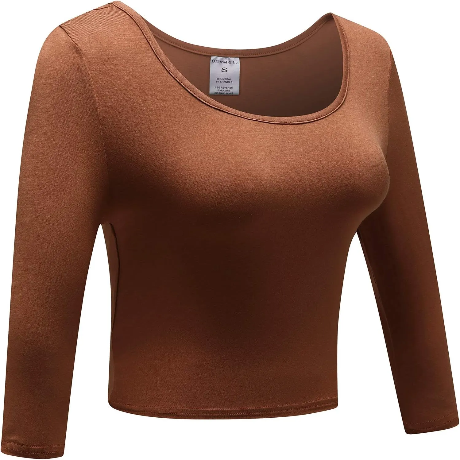 OThread & Co. Women's Crop Tops Basic Stretchy Scoop Neck 3/4 Sleeve T-Shirt