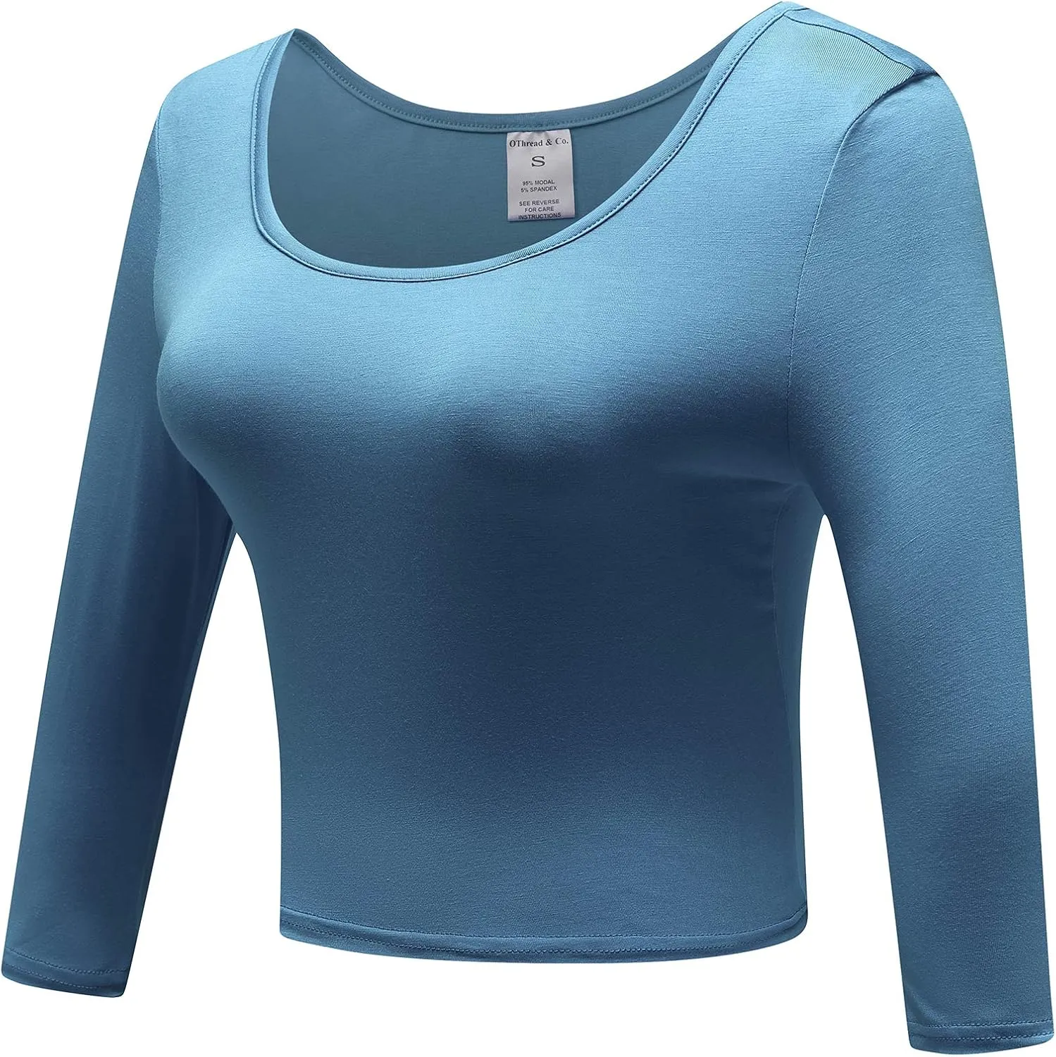 OThread & Co. Women's Crop Tops Basic Stretchy Scoop Neck 3/4 Sleeve T-Shirt