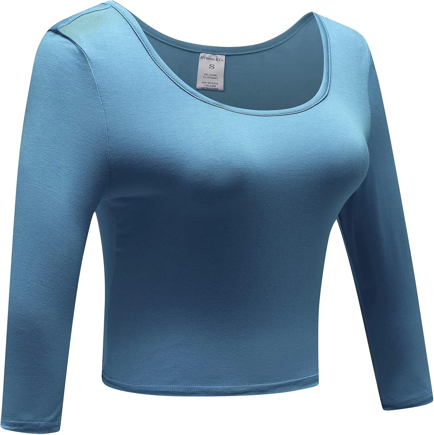 OThread & Co. Women's Crop Tops Basic Stretchy Scoop Neck 3/4 Sleeve T-Shirt
