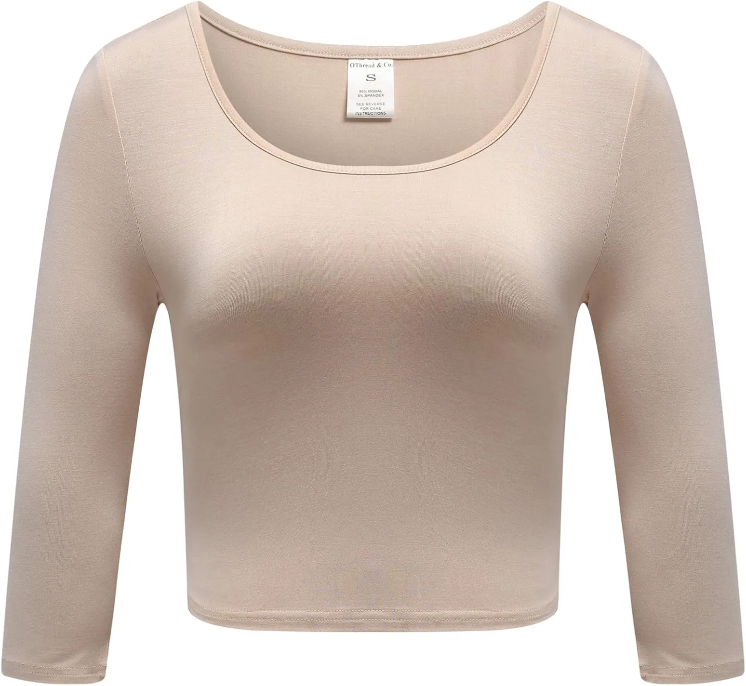 OThread & Co. Women's Crop Tops Basic Stretchy Scoop Neck 3/4 Sleeve T-Shirt
