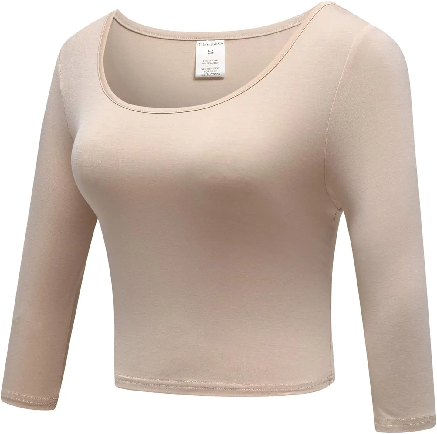 OThread & Co. Women's Crop Tops Basic Stretchy Scoop Neck 3/4 Sleeve T-Shirt