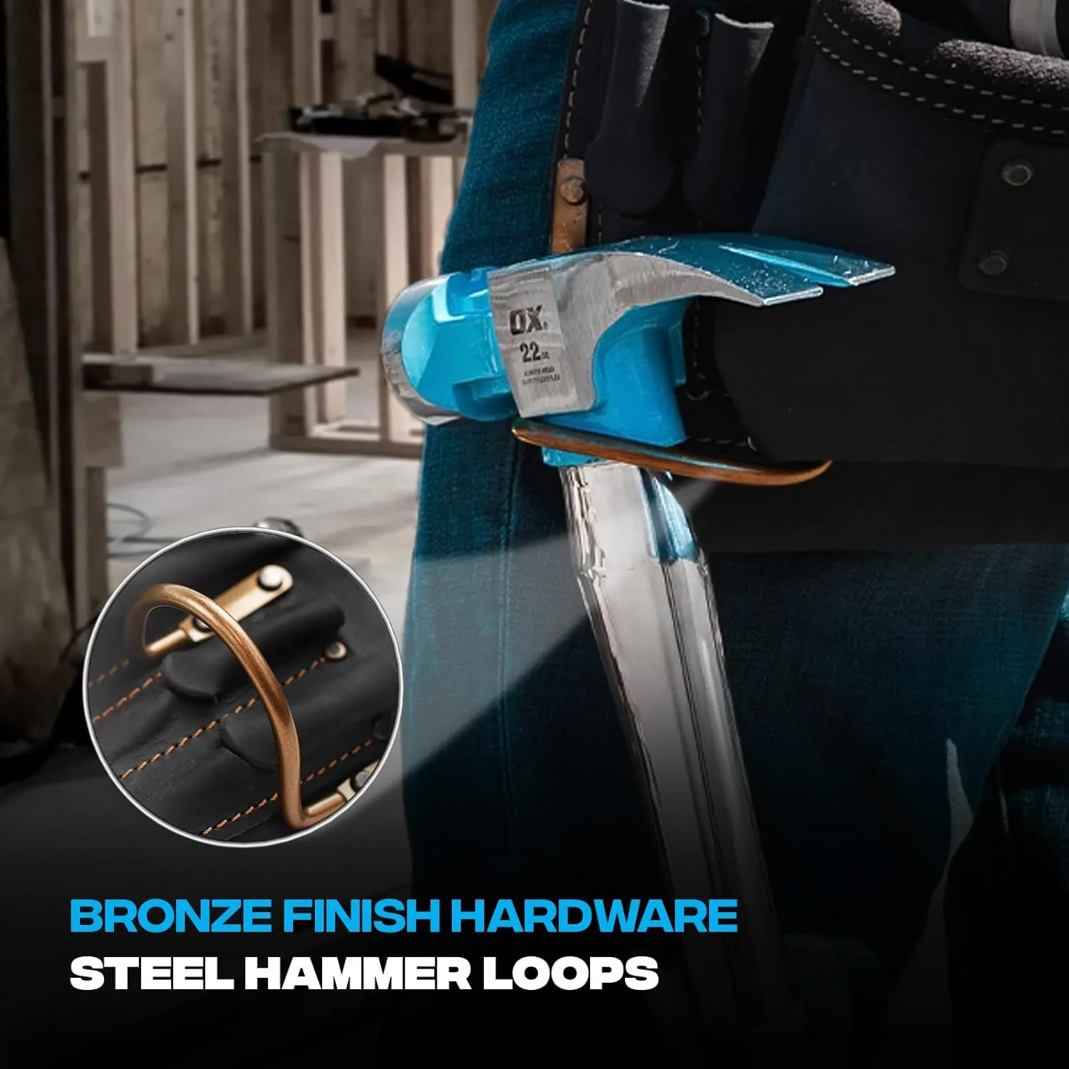 OX Tools Oil Tanned Leather Framing Rig with Padded Suspenders Leather Carpenter Tool Belt with Suspenders and Tool Pouches Dual Hammer Holsters OX-P263609