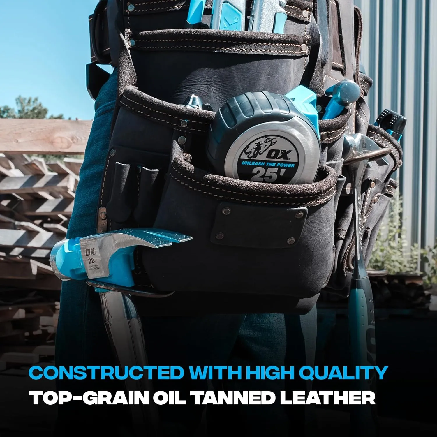 OX Tools Oil Tanned Leather Framing Rig with Padded Suspenders Leather Carpenter Tool Belt with Suspenders and Tool Pouches Dual Hammer Holsters OX-P263609