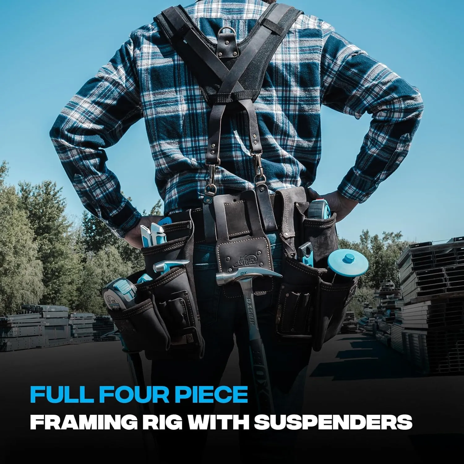 OX Tools Oil Tanned Leather Framing Rig with Padded Suspenders Leather Carpenter Tool Belt with Suspenders and Tool Pouches Dual Hammer Holsters OX-P263609