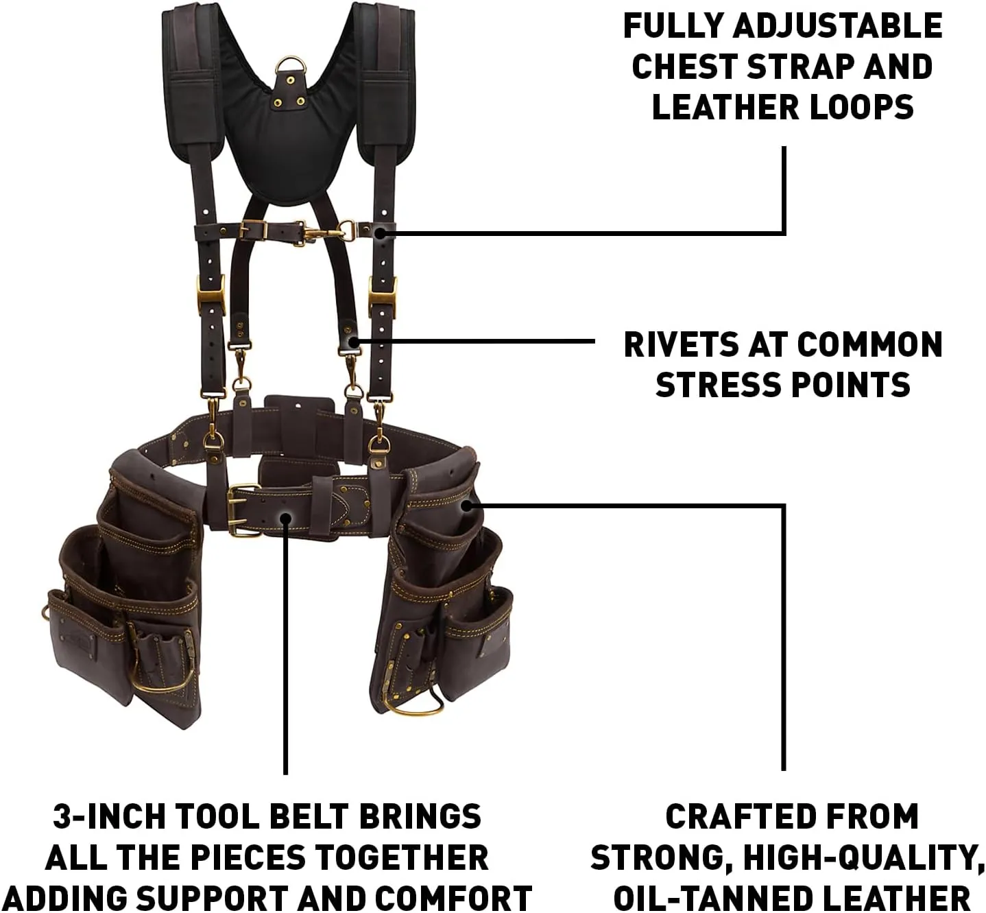 OX Tools Oil Tanned Leather Framing Rig with Padded Suspenders Leather Carpenter Tool Belt with Suspenders and Tool Pouches Dual Hammer Holsters OX-P263609
