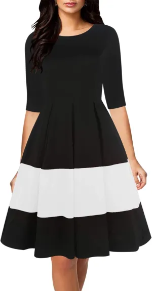 oxiuly Women's Vintage Half Sleeve O-Neck Contrast Casual Pockets Party Swing Dress OX253