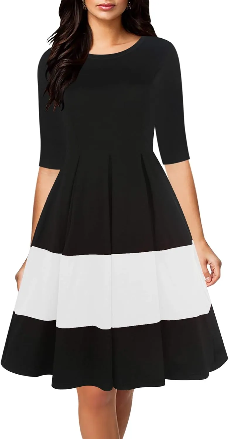 oxiuly Women's Vintage Half Sleeve O-Neck Contrast Casual Pockets Party Swing Dress OX253