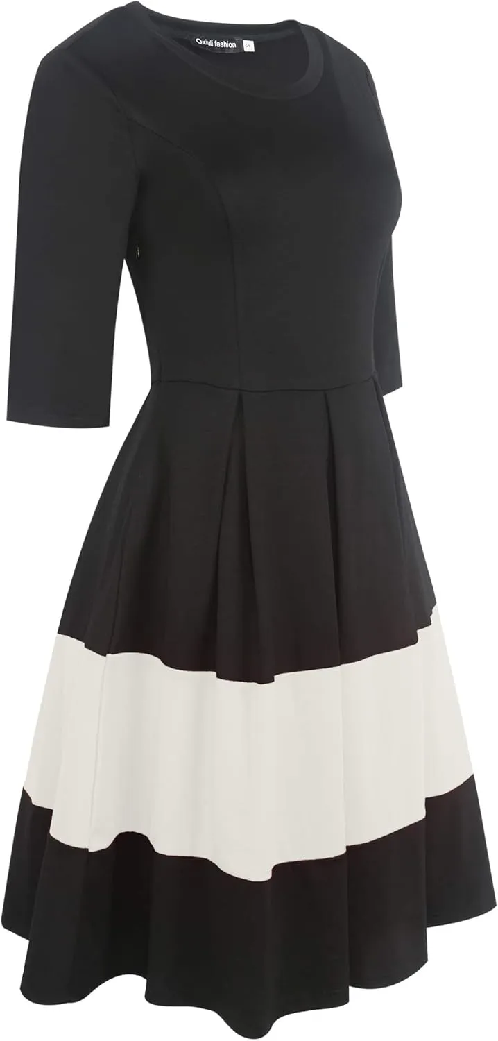 oxiuly Women's Vintage Half Sleeve O-Neck Contrast Casual Pockets Party Swing Dress OX253