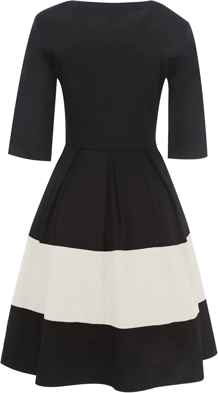 oxiuly Women's Vintage Half Sleeve O-Neck Contrast Casual Pockets Party Swing Dress OX253