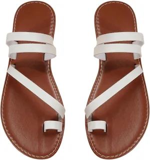 OYOANGLE Women's PU Leather Toe Ring Sandals Open Toe Strappy Flat Sandals Outdoor Beach Flip Flops
