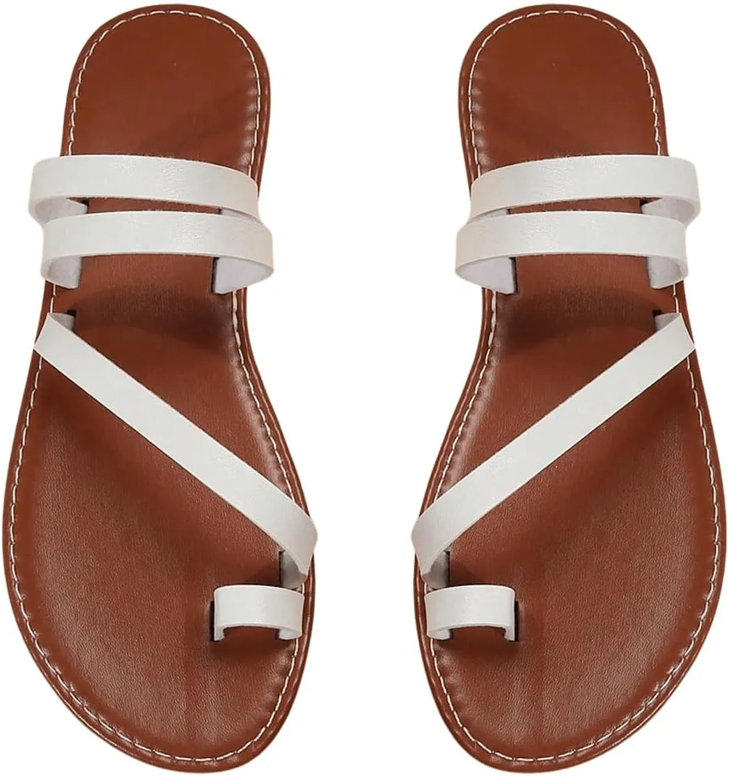 OYOANGLE Women's PU Leather Toe Ring Sandals Open Toe Strappy Flat Sandals Outdoor Beach Flip Flops