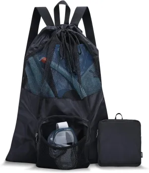Packable Swim Bag, Mesh Swim Drawstring Backpack with 35L Upgraded Capacity & Vented Design, Lightweight Swimmers Mesh Bag for Swimming Gear Snorkeling Equipment (Black)