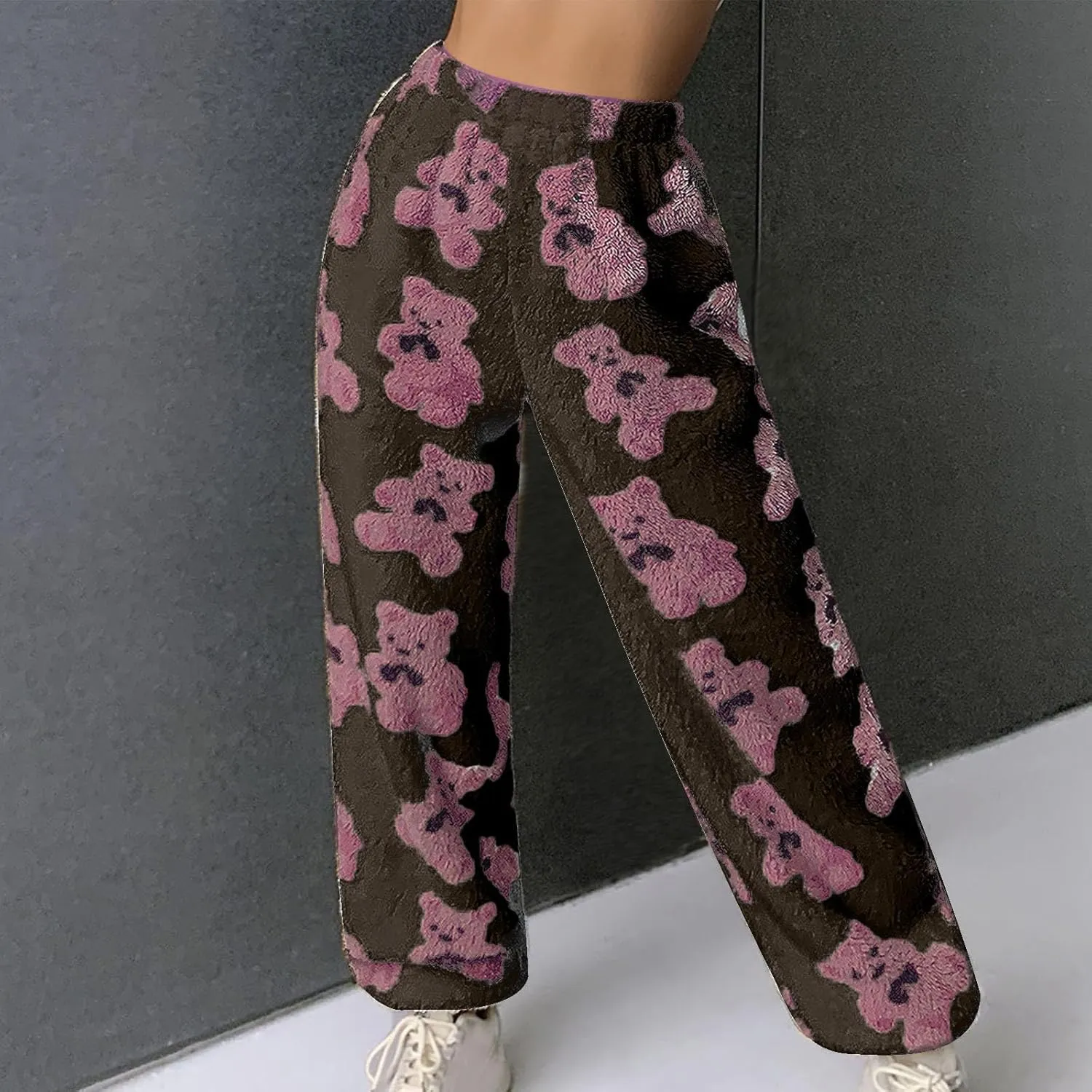 Pajama Pants for Women Cute Teddy Bear Print Sherpa Fleece Lined Pants Loose Fit Lounge Trousers Comfy Wide Leg Pants