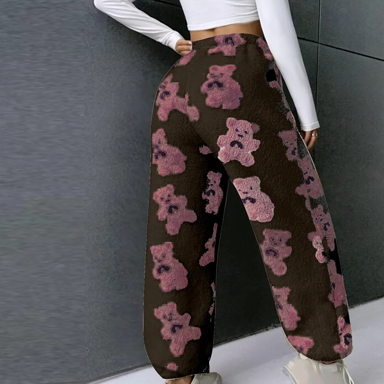 Pajama Pants for Women Cute Teddy Bear Print Sherpa Fleece Lined Pants Loose Fit Lounge Trousers Comfy Wide Leg Pants