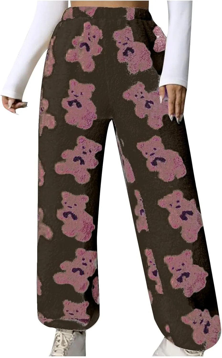 Pajama Pants for Women Cute Teddy Bear Print Sherpa Fleece Lined Pants Loose Fit Lounge Trousers Comfy Wide Leg Pants