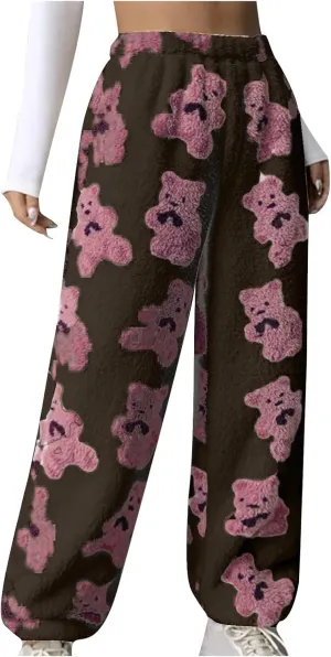 Pajama Pants for Women Cute Teddy Bear Print Sherpa Fleece Lined Pants Loose Fit Lounge Trousers Comfy Wide Leg Pants