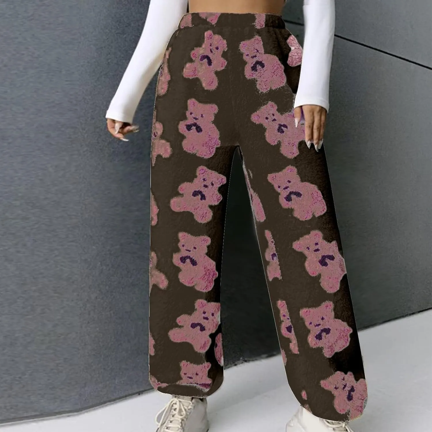 Pajama Pants for Women Cute Teddy Bear Print Sherpa Fleece Lined Pants Loose Fit Lounge Trousers Comfy Wide Leg Pants
