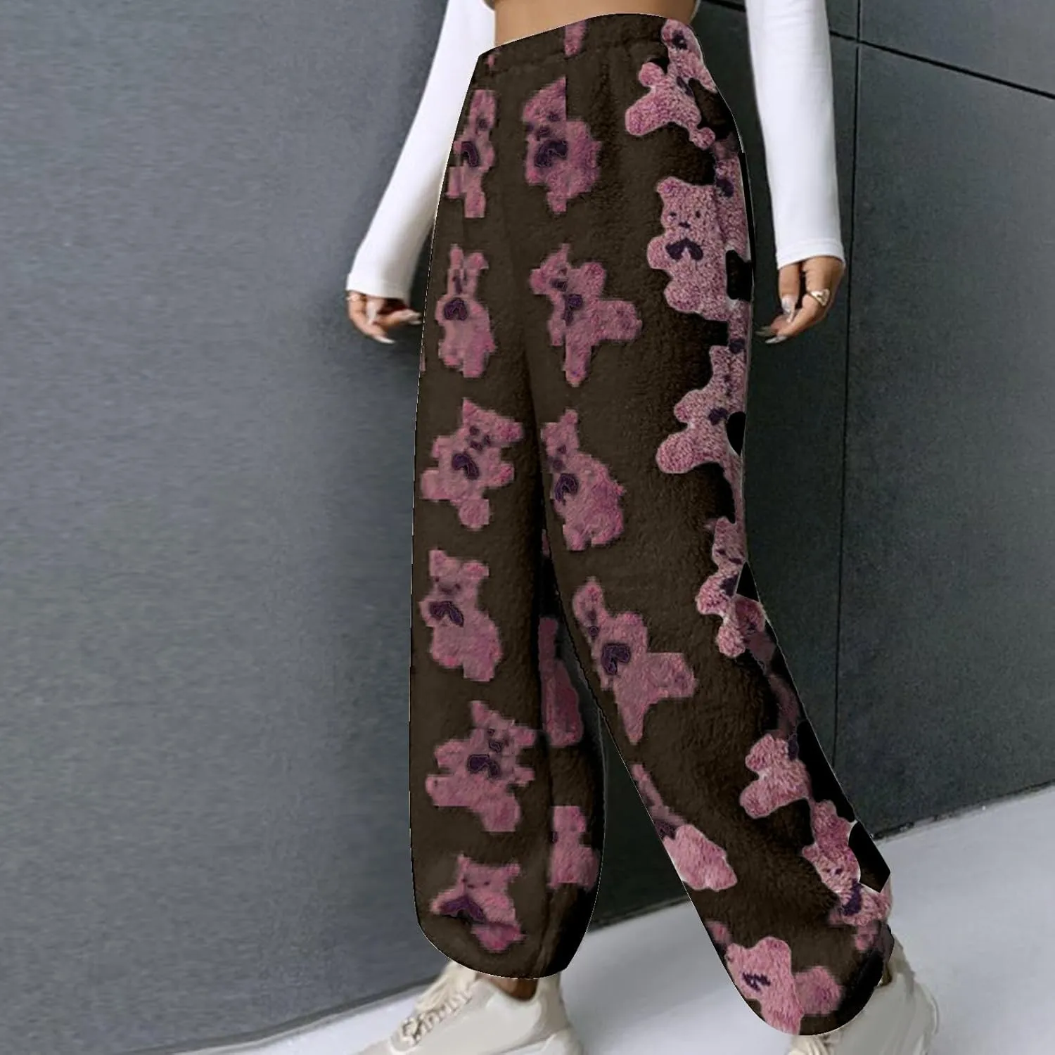 Pajama Pants for Women Cute Teddy Bear Print Sherpa Fleece Lined Pants Loose Fit Lounge Trousers Comfy Wide Leg Pants