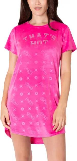 Paris Hilton Velour Crew Neck Shirttail Hem Rhinestone Nightshirt, Hot Pink THAT'S HOT, S