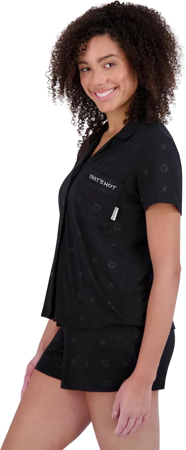 Paris Hilton Women's Short Sleeve Notch Collar and Drawstring Shorts Pajama Set