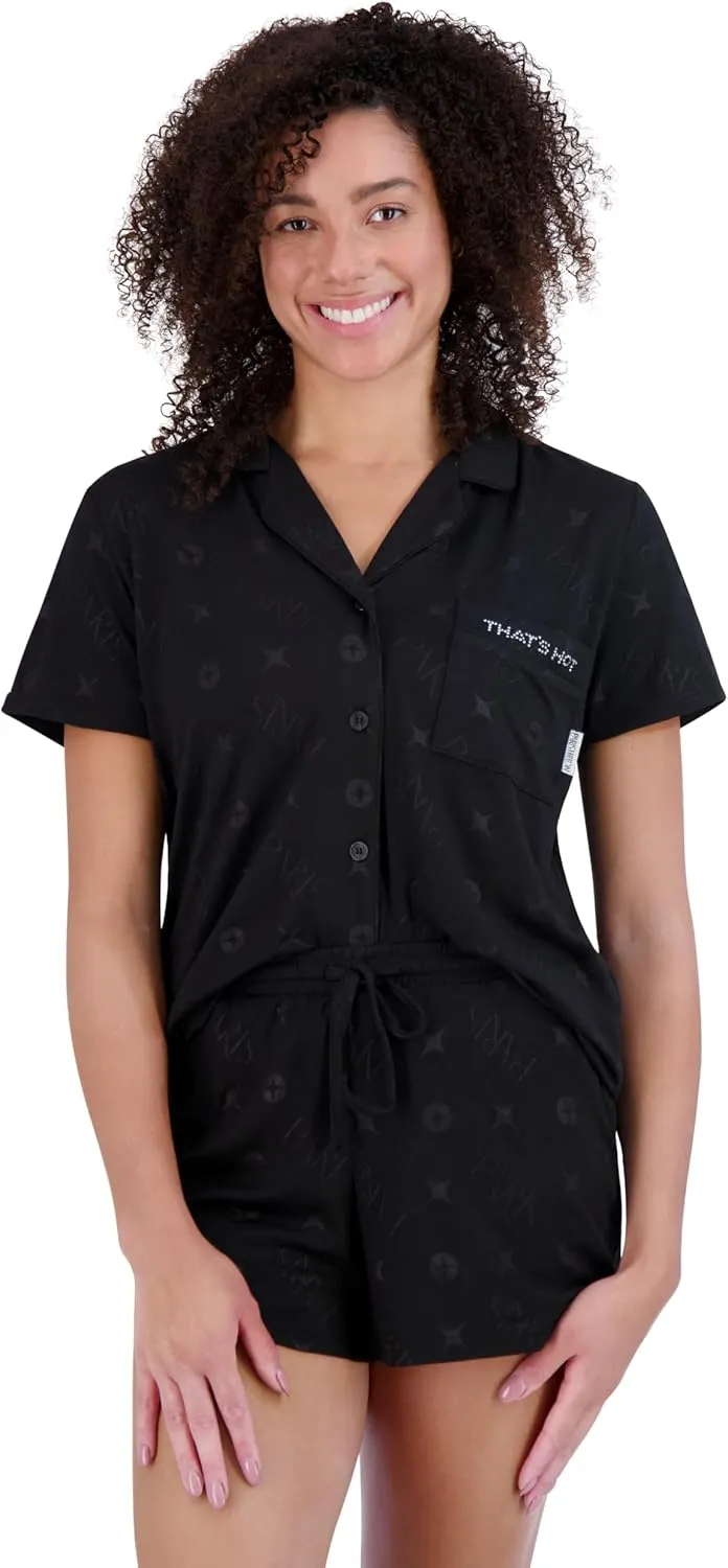 Paris Hilton Women's Short Sleeve Notch Collar and Drawstring Shorts Pajama Set