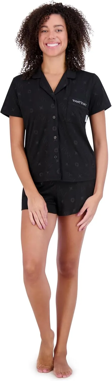 Paris Hilton Women's Short Sleeve Notch Collar and Drawstring Shorts Pajama Set