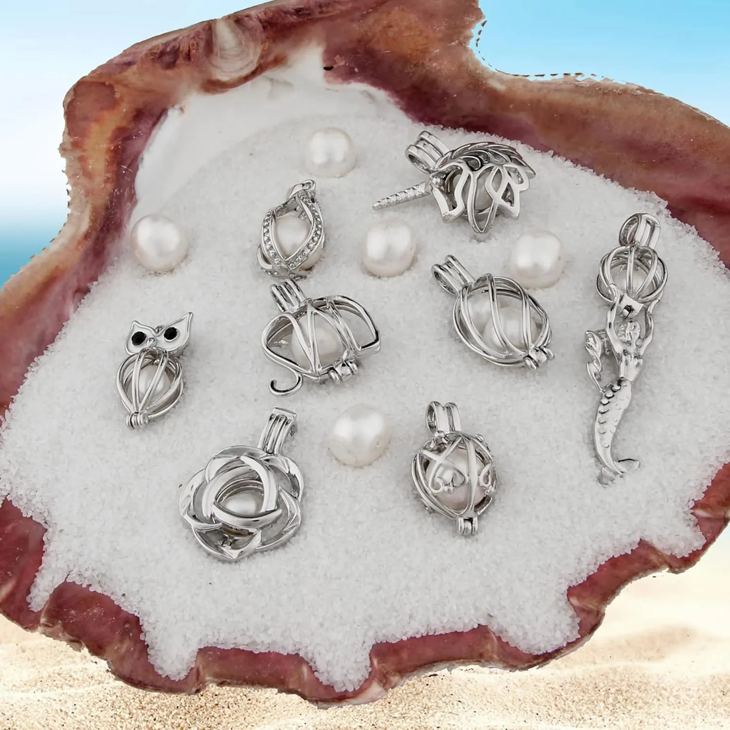 Pearl Cage Pendants for Jewelry Making Aromatherapy Essential Oil Diffuser Lockets DIY Necklace & Bracelet Charms Bulk Bead Cages for 7-8mm Pearls Gifts for Women (Rhodium Plated)
