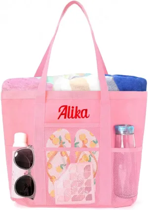 Personalized Beach Tote Bag for Women Custom Embroidered Name Large Mesh Sandproof Swim Bag, Foldable Travel Tote