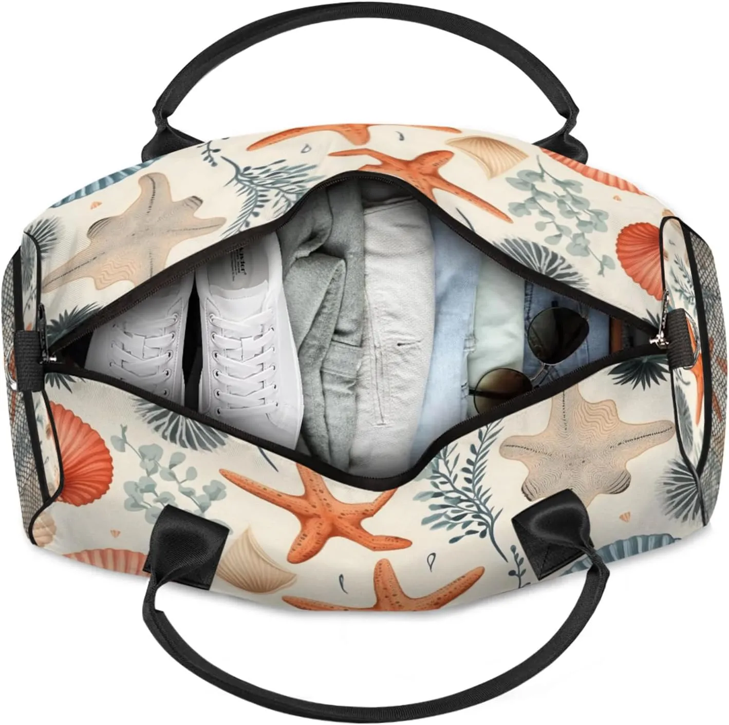 Personalized Starfish Seashell Travel Duffel Bag with Name, Custom Gym Sport Bag Coastal Beach Carry On Weekend Overnight Duffel Bag for Men Women