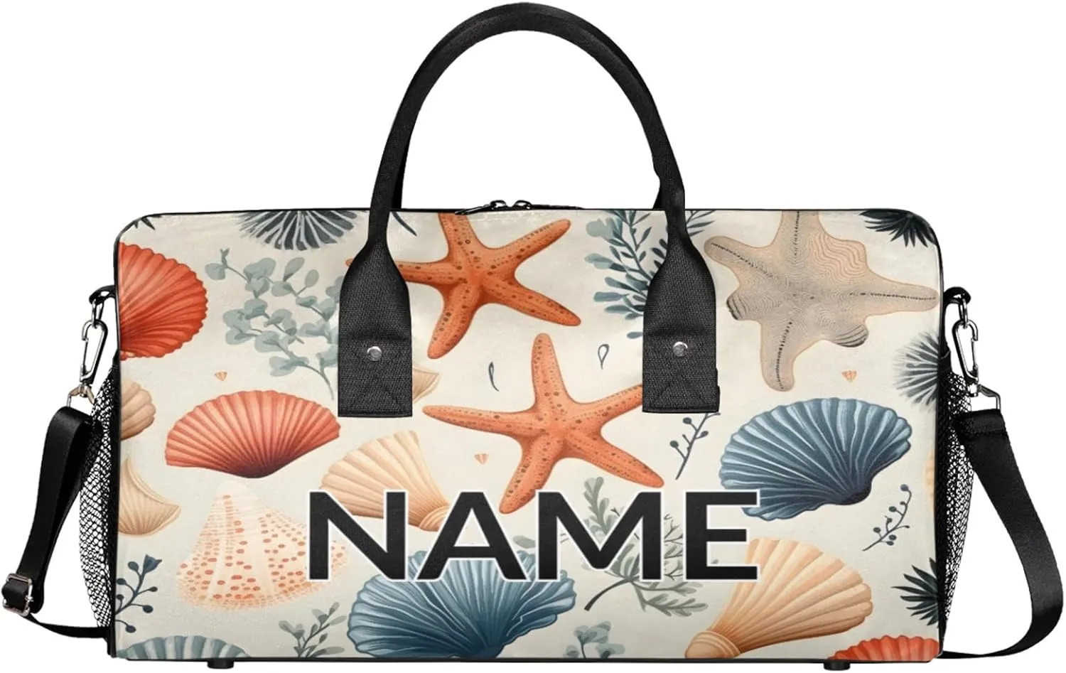Personalized Starfish Seashell Travel Duffel Bag with Name, Custom Gym Sport Bag Coastal Beach Carry On Weekend Overnight Duffel Bag for Men Women