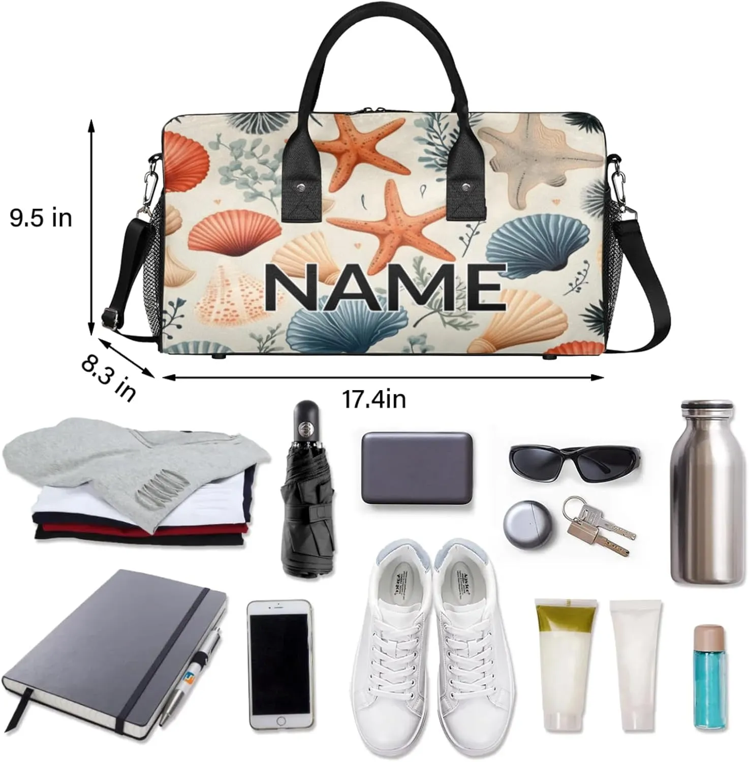 Personalized Starfish Seashell Travel Duffel Bag with Name, Custom Gym Sport Bag Coastal Beach Carry On Weekend Overnight Duffel Bag for Men Women