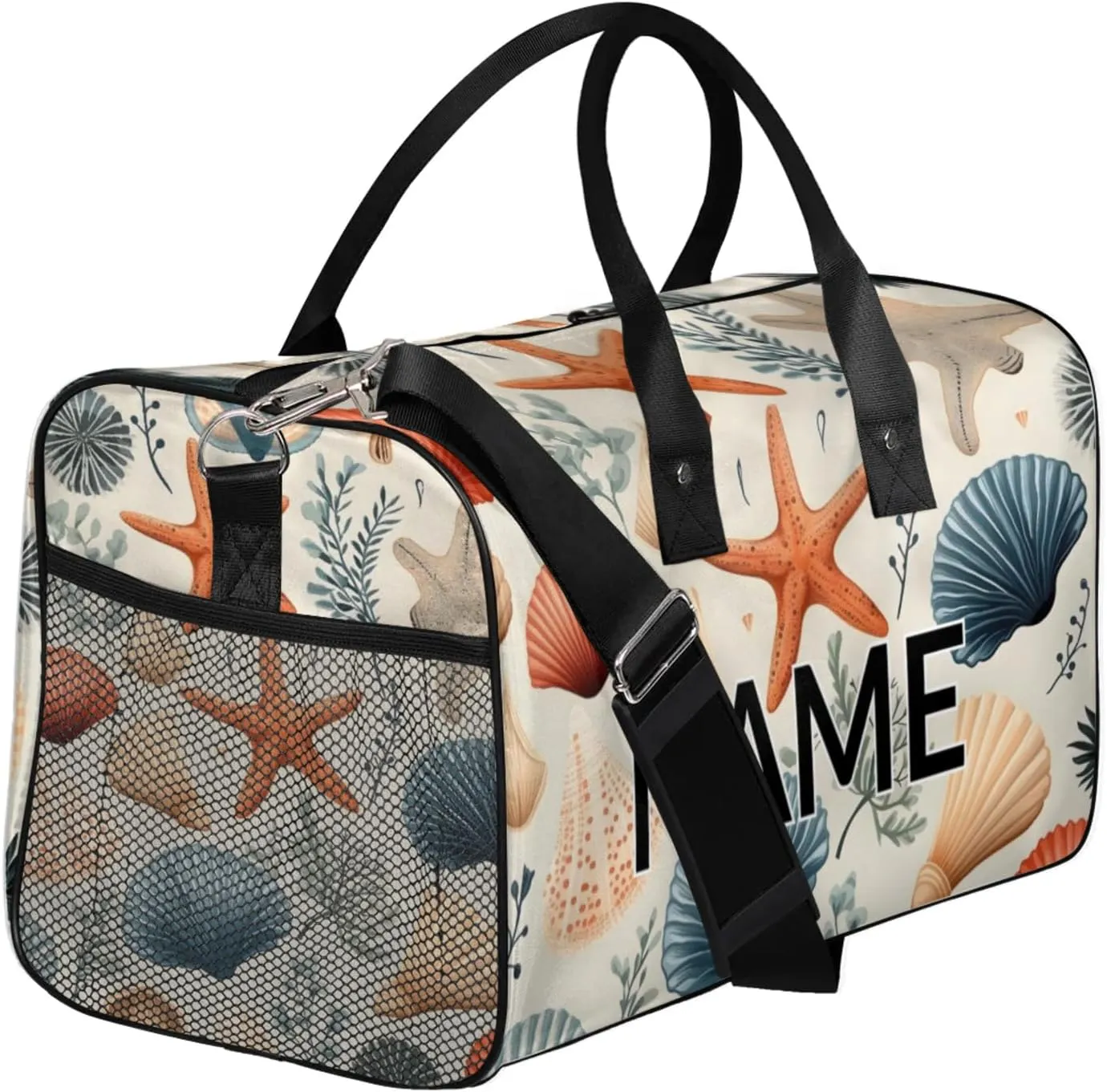 Personalized Starfish Seashell Travel Duffel Bag with Name, Custom Gym Sport Bag Coastal Beach Carry On Weekend Overnight Duffel Bag for Men Women