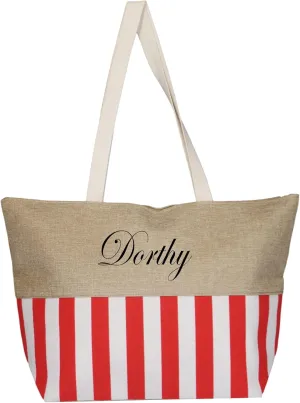 Personalized with Embroidered Name Large Zipper Top Stripe Print Canvas Beach Bag Tote - 22 inches by 14 inches by 7 inches