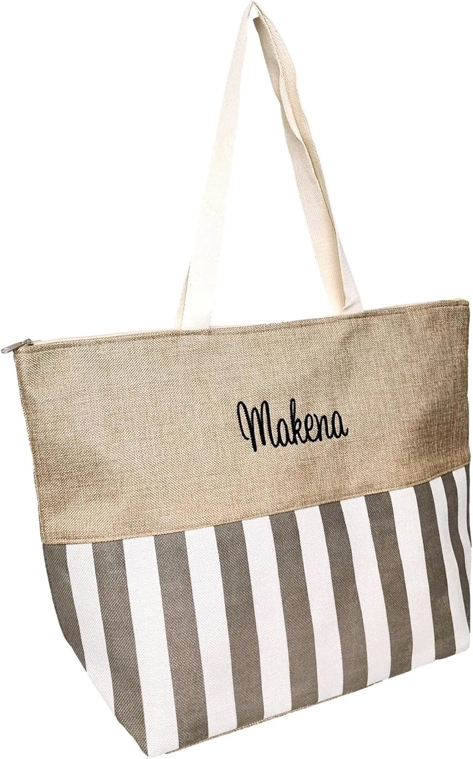 Personalized with Embroidered Name Large Zipper Top Stripe Print Canvas Beach Bag Tote - 22 inches by 14 inches by 7 inches