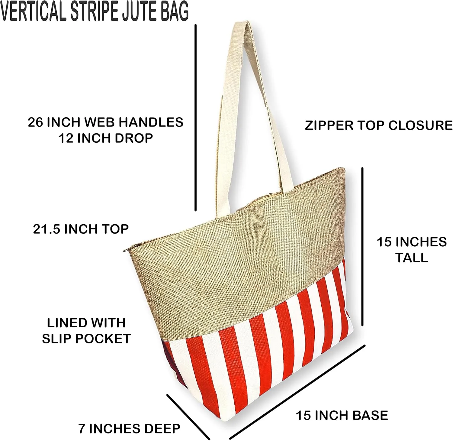Personalized with Embroidered Name Large Zipper Top Stripe Print Canvas Beach Bag Tote - 22 inches by 14 inches by 7 inches