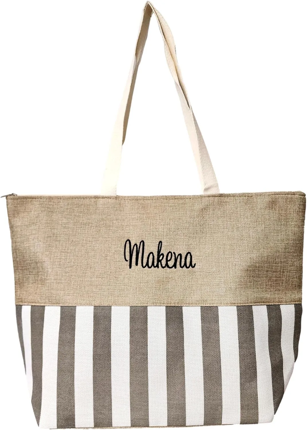 Personalized with Embroidered Name Large Zipper Top Stripe Print Canvas Beach Bag Tote - 22 inches by 14 inches by 7 inches