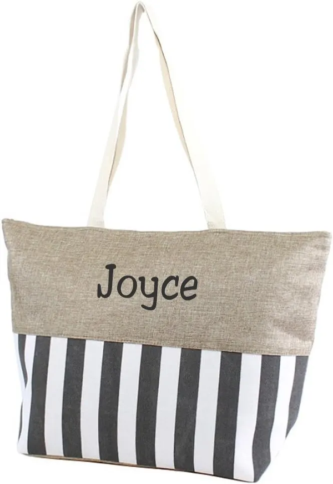 Personalized with Embroidered Name Large Zipper Top Stripe Print Canvas Beach Bag Tote - 22 inches by 14 inches by 7 inches