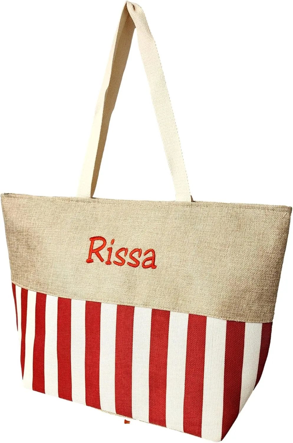 Personalized with Embroidered Name Large Zipper Top Stripe Print Canvas Beach Bag Tote - 22 inches by 14 inches by 7 inches