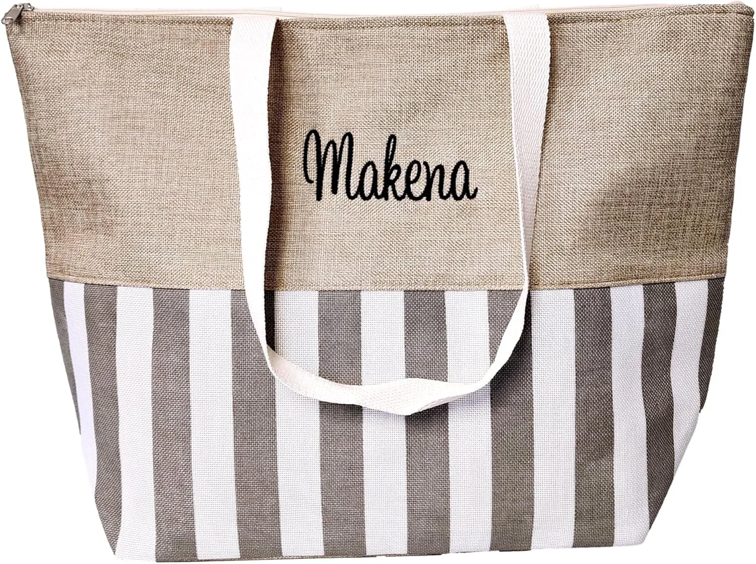 Personalized with Embroidered Name Large Zipper Top Stripe Print Canvas Beach Bag Tote - 22 inches by 14 inches by 7 inches