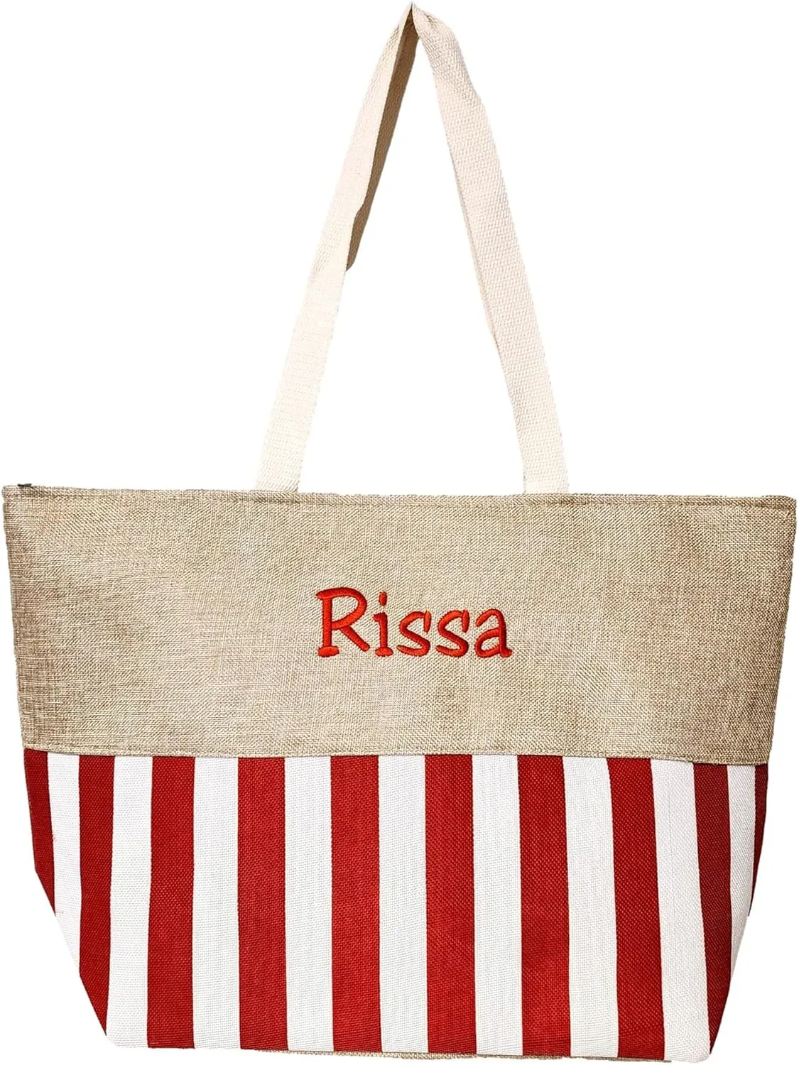 Personalized with Embroidered Name Large Zipper Top Stripe Print Canvas Beach Bag Tote - 22 inches by 14 inches by 7 inches