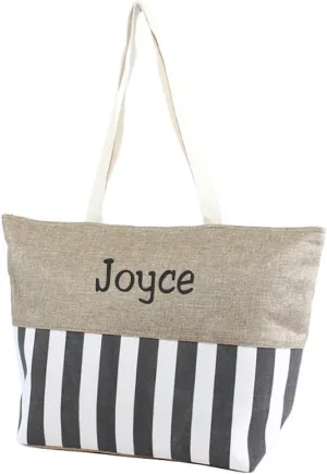 Personalized with Embroidered Name Large Zipper Top Stripe Print Canvas Beach Bag Tote - 22 inches by 14 inches by 7 inches
