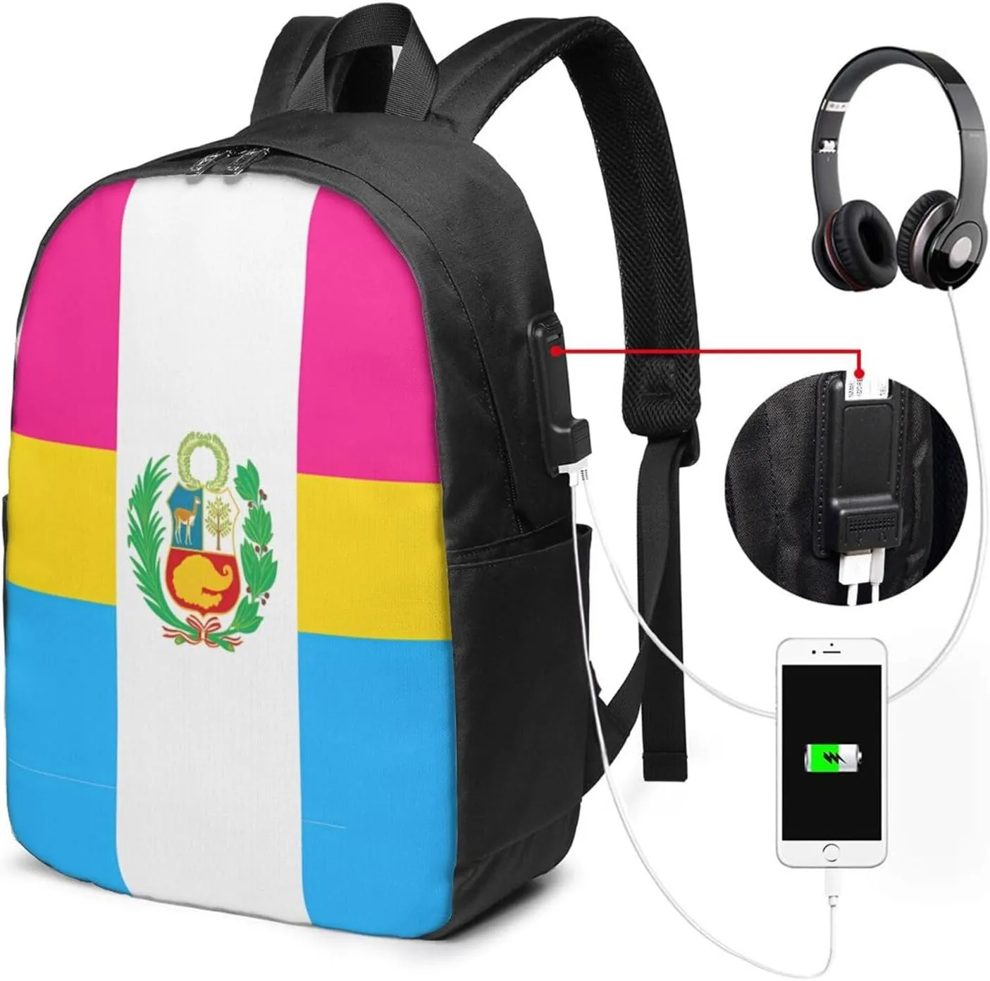 Peru Peruvian LGBT Rainbow Pride Flag Laptop Backpacks Travel Backpack Casual Business Daypack Sport Rucksack Computer Bag Fits up to 17 Inch Notebook with USB Port