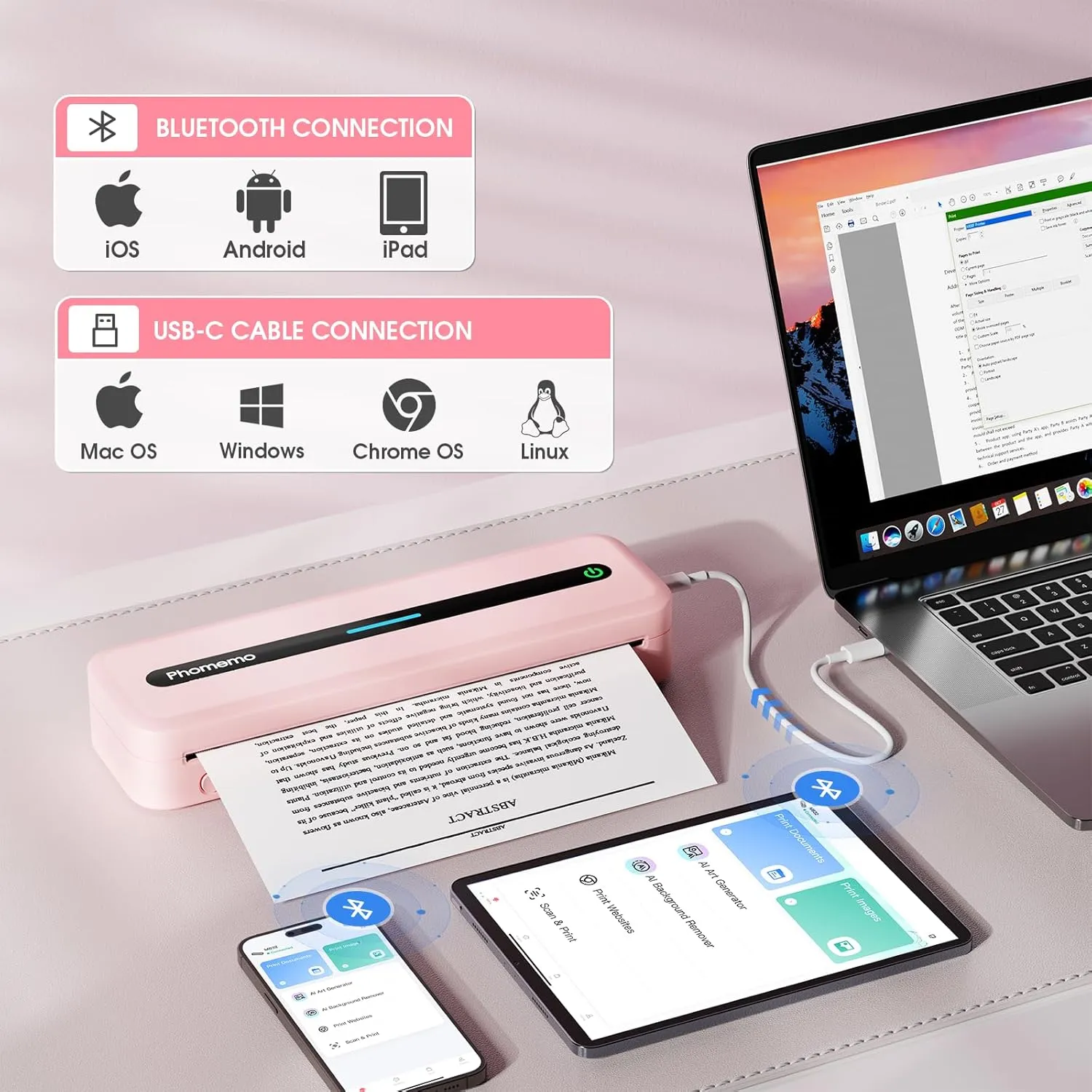 Phomemo M832 Portable Printers Wireless for Travel, Inkless Thermal Printer, Support 8.5" X 11" & A4 Thermal Paper,Bluetooth Mobile Printer Compatible with iPhone Android Laptop for Office Home School