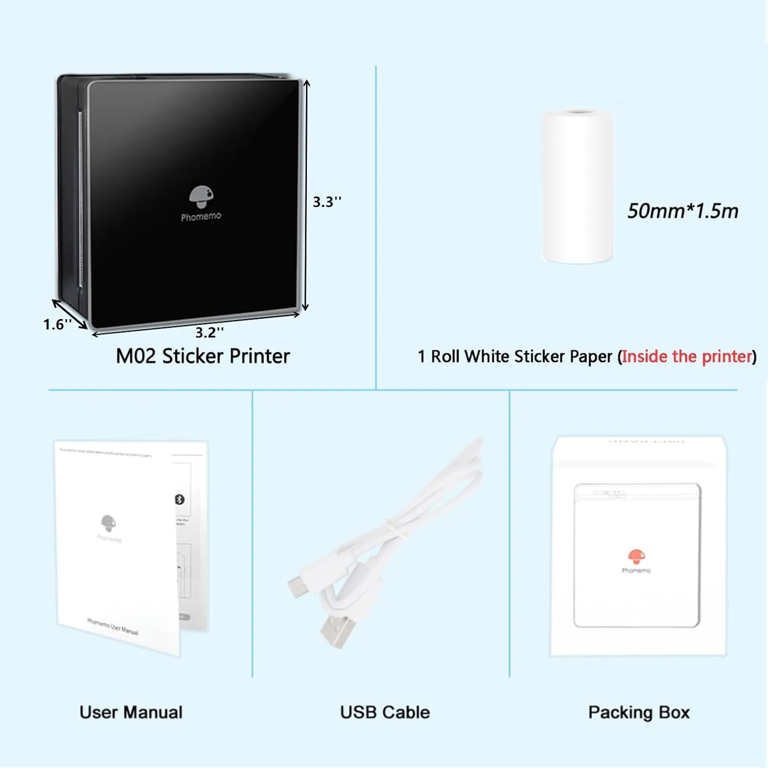 Phomemo Sticker Printer- Mini Printer Sticker Maker M02, Sticker Maker Machine with 1 Rolls Paper, Print Pod Thermal Inkless Pocket for Learning Assistance, Study Notes, Photos, Work, Black